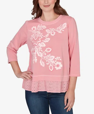 Ruby Rd. Petite Embroidered Terry Scoop Neck Top In Pink