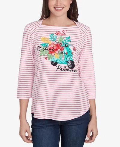 Ruby Rd. Petite Embroidered Ti Amo Three Quarter Sleeve T-shirt In Coral Multi