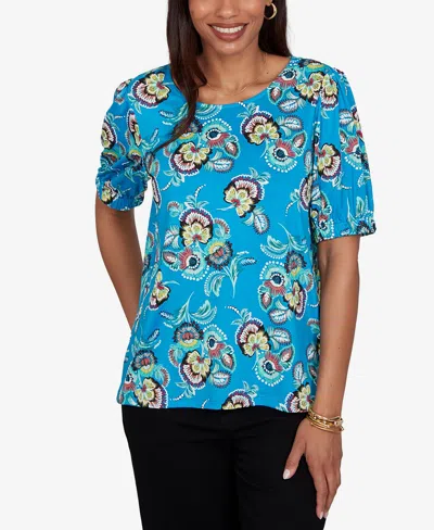 Ruby Rd. Petite Etched Floral Puff Print Blouse In Blue