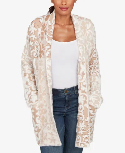 Ruby Rd. Petite Eyelash Scroll Jacquard Cardigan Sweater In Brown