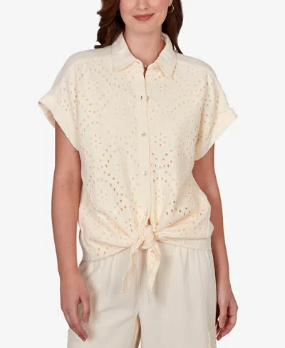 Ruby Rd. Petite Eyelet Front Gauze Tie-front Shirt In Neutral