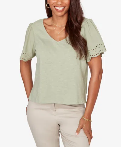 Ruby Rd. Petite Eyelet Poplin Sleeve Slub Knit Top In Green
