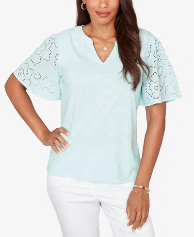 Ruby Rd. Petite Eyelet Sleeve Cotton Jersey Top In Green