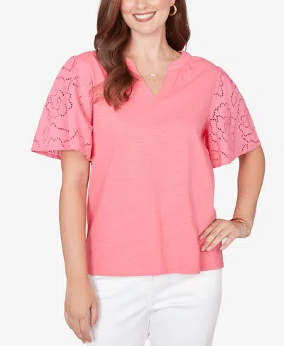 Ruby Rd. Petite Eyelet Sleeve Cotton Jersey Top In Pink
