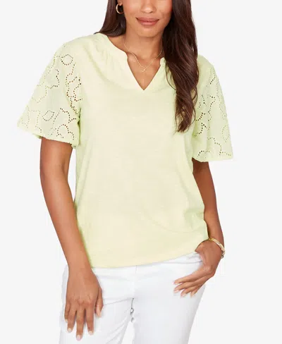 Ruby Rd. Petite Eyelet Sleeve Cotton Jersey Top In Yellow