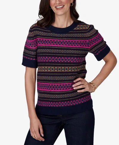 Ruby Rd. Petite Fair Isle Short-sleeve Scoop Neck Sweater In Multi