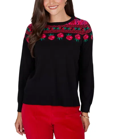 Ruby Rd. Petite Fair Isle-inspired Long-sleeve Rose Pullover Sweater In Black