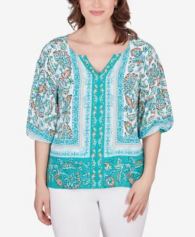 Ruby Rd. Petite Floral Breeze Puff Sleeve Border Top In Clear Blue Multi