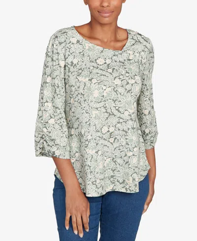 Ruby Rd. Petite Floral Dew Drop Ruched Sleeves Top In Gray