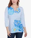Ruby Rd. Petite Floral Embroidered Script Stripe Three Quarter Sleeve T-shirt In Bluebird Multi