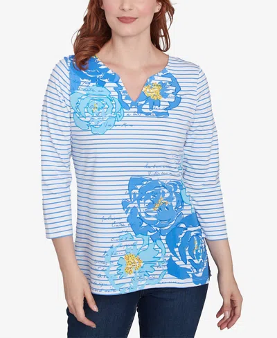 Ruby Rd. Petite Floral Embroidered Script Stripe Three Quarter Sleeve T-shirt In Bluebird Multi