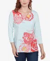 Ruby Rd. Petite Floral Embroidered Script Stripe Three Quarter Sleeve T-shirt In Julep Multi