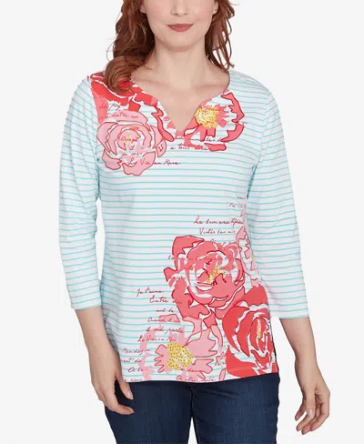 Ruby Rd. Petite Floral Embroidered Script Stripe Three Quarter Sleeve T-shirt In Julep Multi