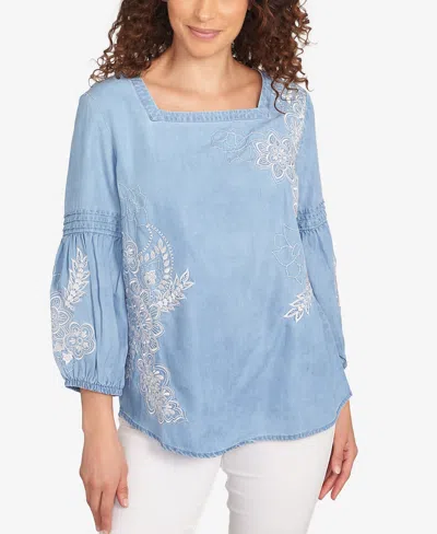 Ruby Rd. Petite Floral Embroidered Square Neck Top
