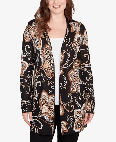Ruby Rd. Petite Floral Jacquard Cardigan Sweater In Black