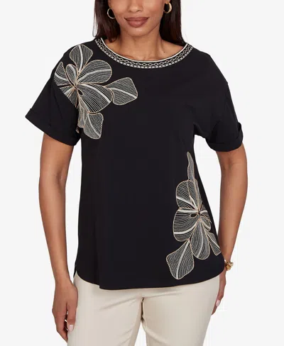 Ruby Rd. Petite Floral Noir Embroidered Knit Top In Black