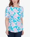 Ruby Rd. Petite Floral Oasis Ladder Sleeve T-shirt In Capri Blue Multi