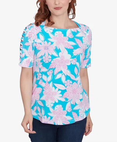 Ruby Rd. Petite Floral Oasis Ladder Sleeve T-shirt In Capri Blue Multi
