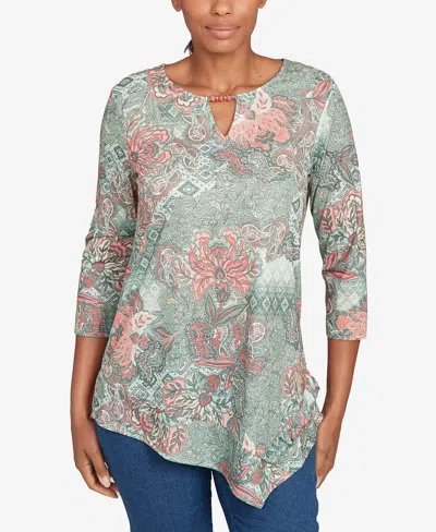 Ruby Rd. Petite Floral Patchwork Split Beaded Neck Top In Green