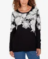 Ruby Rd. Petite Floral Placement Eyelash Sweater In Black