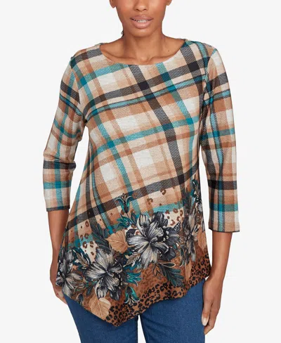 Ruby Rd. Petite Floral Plaid Cozy Ballet Neck Top In Brown