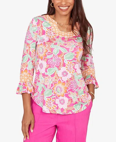 Ruby Rd. Petite Floral Puff Print Ruffle-sleeve Knit Top In Multi