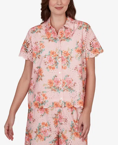 Ruby Rd. Petite Floral Scalloped Hem Camp Shirt In Pink
