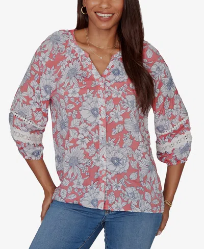 Ruby Rd. Petite Floral Silky Gauze Peasant Button-front Top In Multi