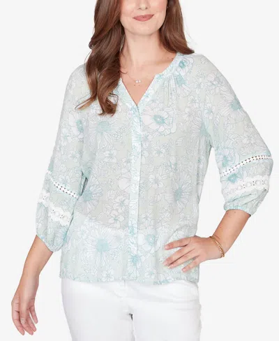 Ruby Rd. Petite Floral Silky Gauze Peasant Top In Blue