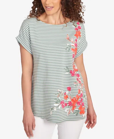 Ruby Rd. Petite Floral Stripe Jersey T-shirt In Green