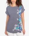 Ruby Rd. Petite Floral Stripe Jersey T-shirt In Blue