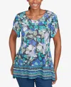 Ruby Rd. Petite Floral Striped Border Flutter Sleeve Top In Blue