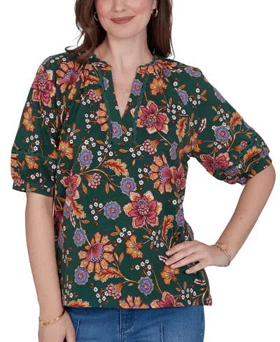 Ruby Rd. Petite Floral Vines Printed Cotton Knit Top In Fern Multi