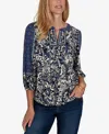 Ruby Rd. Petite Foliage Henley 3/4-sleeve Floral-print Blouse In Blue