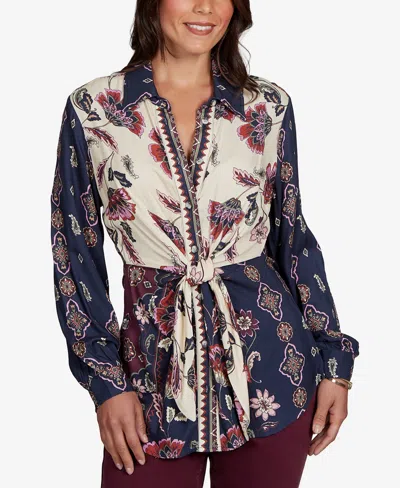 Ruby Rd. Petite Garden Tie-front Long-sleeve Floral-print Blouse In Navy Multi