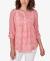RUBY RD. PETITE GINGHAM PINTUCK ROLL-TAB-SLEEVE BUTTON-FRONT TOP