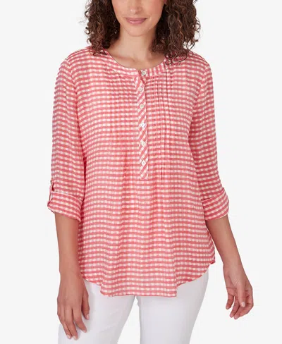 Ruby Rd. Petite Gingham Pintuck Roll-tab-sleeve Button-front Top In Punch Multi