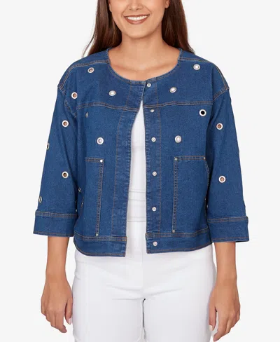 Ruby Rd. Petite Grommet Detail Stretch Denim Jacket In Blue