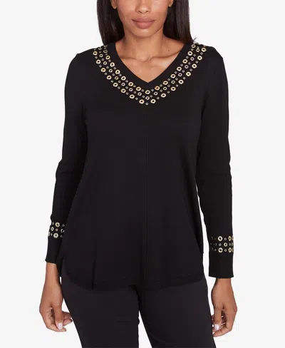 Ruby Rd. Petite Grommet Embellished Fine Gauge V-neck Sweater In Black