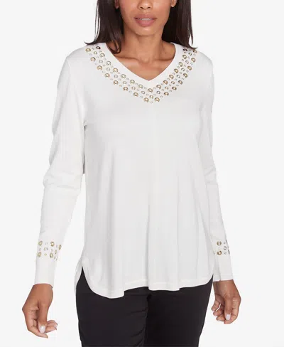 Ruby Rd. Petite Grommet Embellished Fine Gauge V-neck Sweater In Ivory