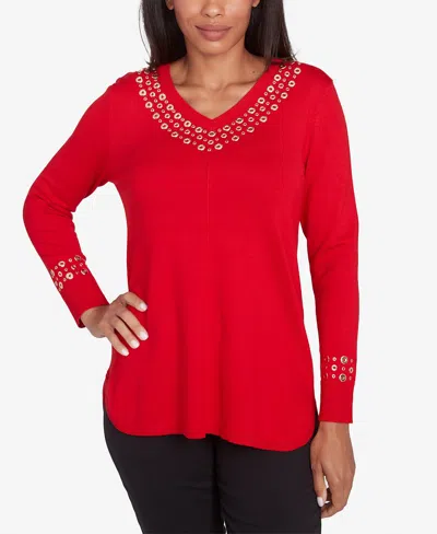 Ruby Rd. Petite Grommet Embellished Fine Gauge V-neck Sweater In Lipstick