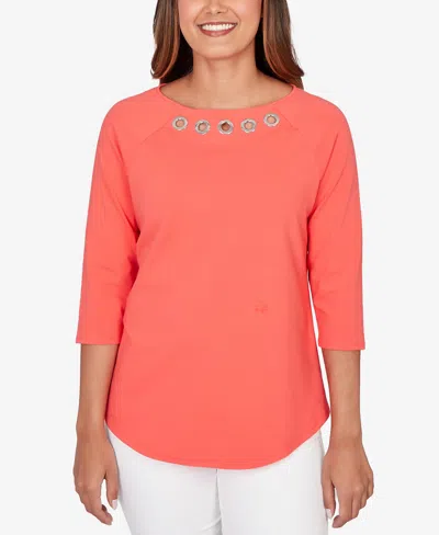 Ruby Rd. Petite Grommet Neck Solid Knit Top In Orange