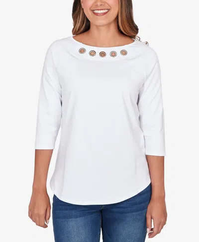 Ruby Rd. Petite Grommet Neck Solid Knit Top In White