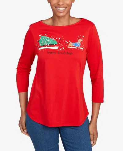 Ruby Rd. Petite Happy Howlidays Knit Top In Red