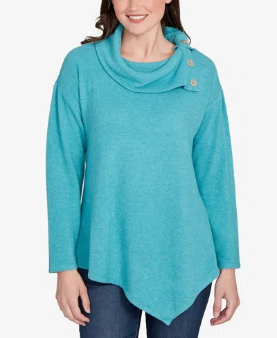 Ruby Rd. Petite Heather Cozy Knit Split Cowl Top In Blue