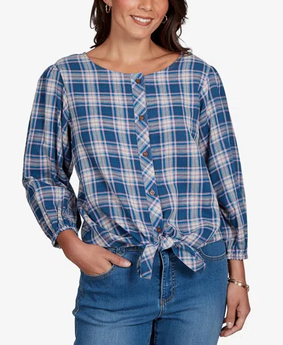 Ruby Rd. Petite Homestead Plaid 3/4-sleeve Button-front Top In Multi