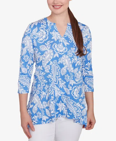 Ruby Rd. Petite Jacobean Paisley Puff Print V-neck Top In Bluebird Multi