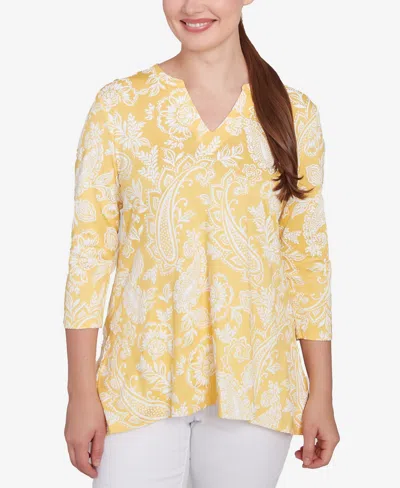 Ruby Rd. Petite Jacobean Paisley Puff Print V-neck Top In Lemon Multi