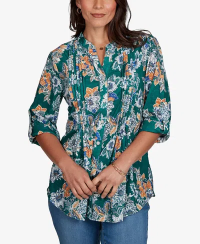 Ruby Rd. Petite Kensington Henley 3/4-sleeve Floral Blouse In Multi