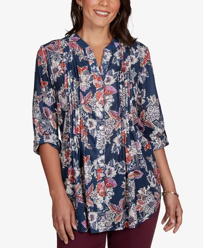 Ruby Rd. Petite Kensington Henley 3/4-sleeve Floral Blouse In Blue